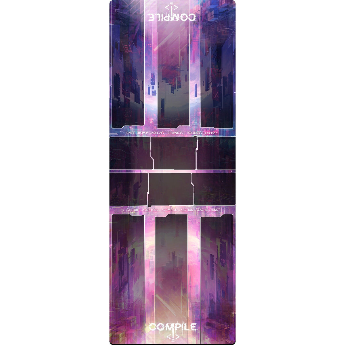 A long, narrow rectangular product with rounded corners, shown centered on a plain white background. The surface features a futuristic cyberpunk-style graphic in purple, pink, and blue tones with repeated 'COMPILE' text near the top and bottom. Playmat to be used with the card game 'Compile'