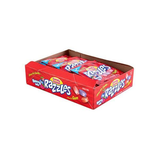 A red box of Twice as Sweet Concord Razzles Berry 39g (USA) includes several packs showing colorful chewy gum and the phrase “First it’s candy… then it’s gum!” in bold yellow and white text.