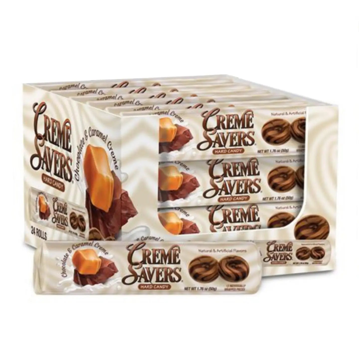 A box of Twice as Sweet Creme Savers Chocolate & Caramel 50g (USA) features individually wrapped candies, with chocolate and caramel flavors pictured on the packaging. Enjoy classic USA-inspired sweetness in every bite.