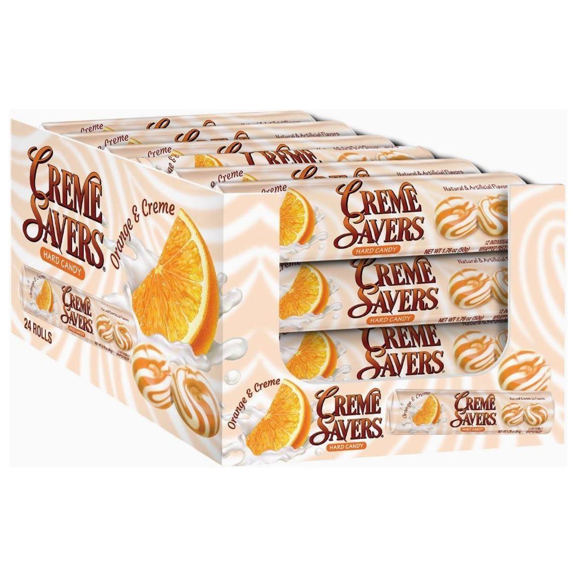 Twice as Sweet Creme Savers Orange & Creme 50g (USA)—a nostalgic citrus candy. Packaging features orange slices swirled with cream and holds 24 individually wrapped rolls for a classic treat.