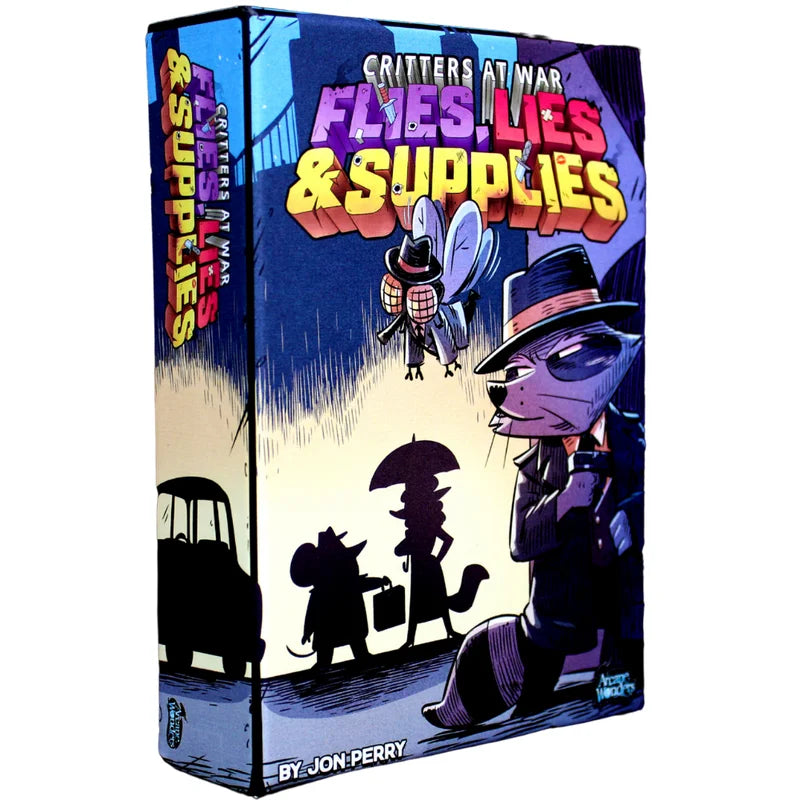 Board game box for 'Critters at War: Flies, Lies & Supplies' by Jon Perry, featuring a stylized illustration of a purple raccoon in a hat and coat, silhouettes of other animals, and a dark blue background with bold multicolor title text.