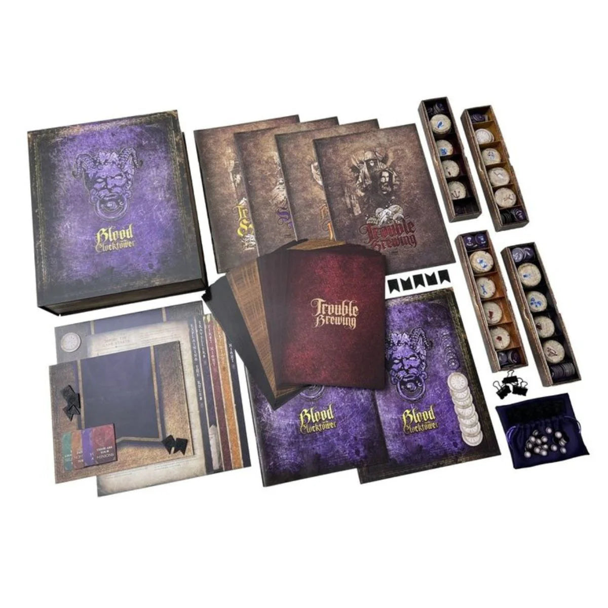 Collection of 'Trouble Brewing' and 'Blood Archive' themed books and packaging on a white background
