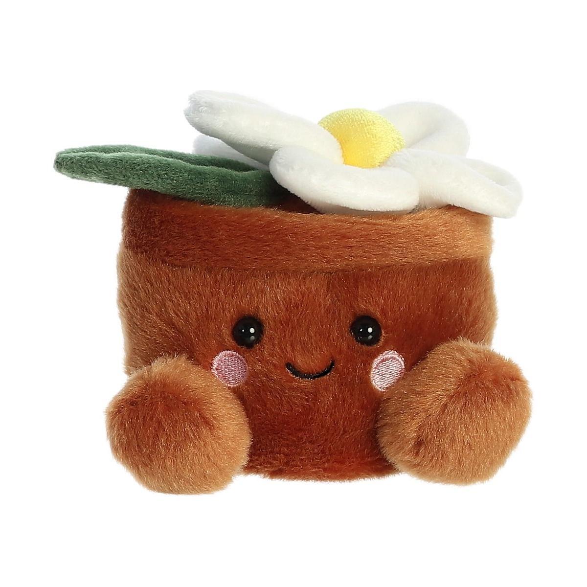 The Twice as Sweet Palm Pal Junie Daisy is a plush toy shaped like a brown flowerpot with a smiling face, fuzzy arms, and topped with a white and yellow daisy—perfect as whimsical party decor or a soft stuffed animal.