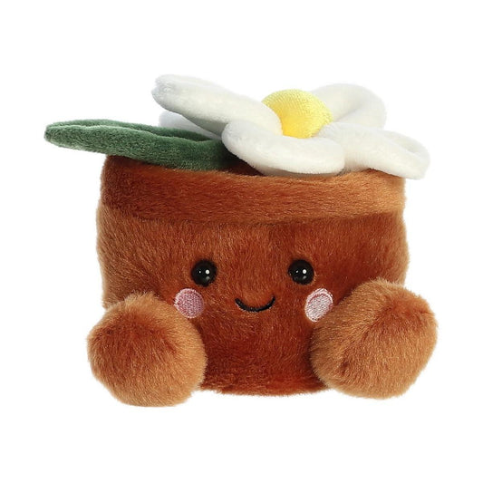 The Twice as Sweet Palm Pal Junie Daisy is a plush toy shaped like a brown flowerpot with a smiling face, fuzzy arms, and topped with a white and yellow daisy—perfect as whimsical party decor or a soft stuffed animal.