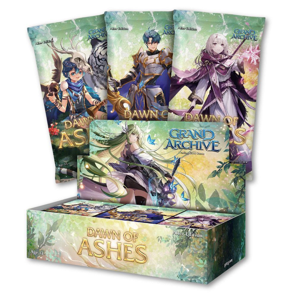 Collection of 'Dawn of Ashes' and 'Grand Archive' boxes from the Grand Archive trading card game with character illustrations on a white background.
