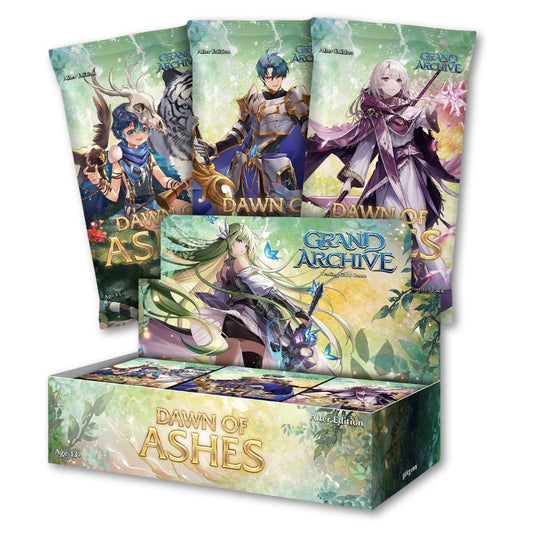 Collection of 'Dawn of Ashes' and 'Grand Archive' boxes from the Grand Archive trading card game with character illustrations on a white background.