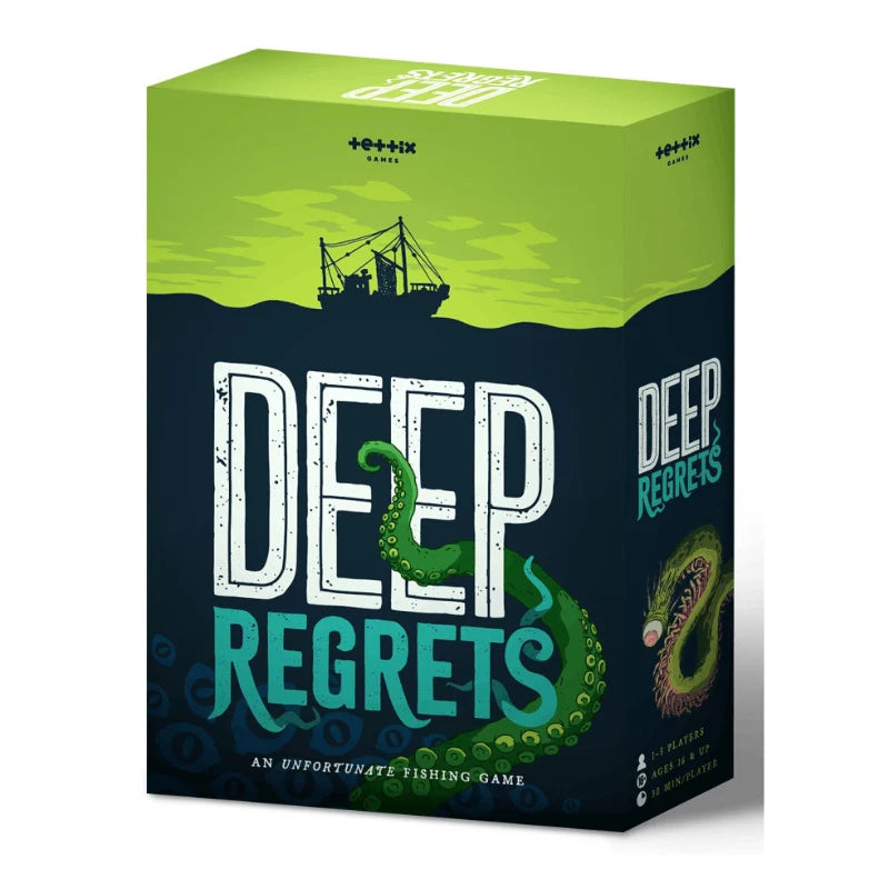 The product packaging for the board game 'Deep Regrets: An Unfortunate Fishing Game'. The box features a split design with a bright lime green top half showing a fishing boat silhouette, and a dark navy blue bottom half with the title in large white and teal letters, overlaid with a green octopus tentacle.