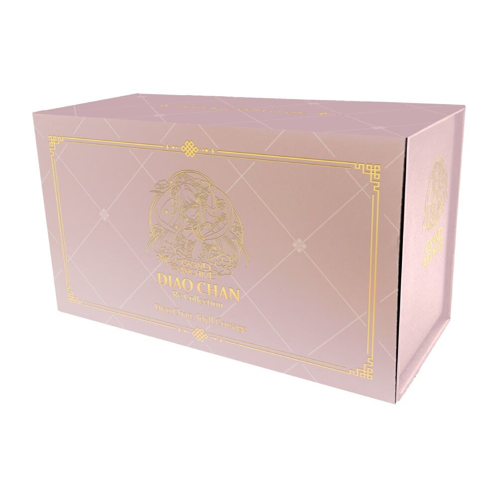 Pink box with gold accents and a logo on a white background for the TCG Grand Archive Diao Chan Re:Collection Idyll Corsage