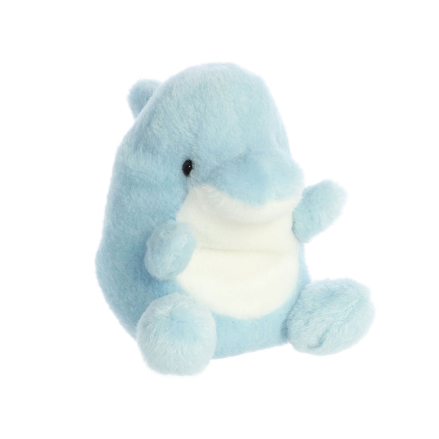 The Twice as Sweet Palm Pal Clicks Dolphin is a soft, light blue plush with a white belly, small flippers, and round black eyes. Its gentle expression makes it the perfect ASMR buddy for fans of aquatic themes.