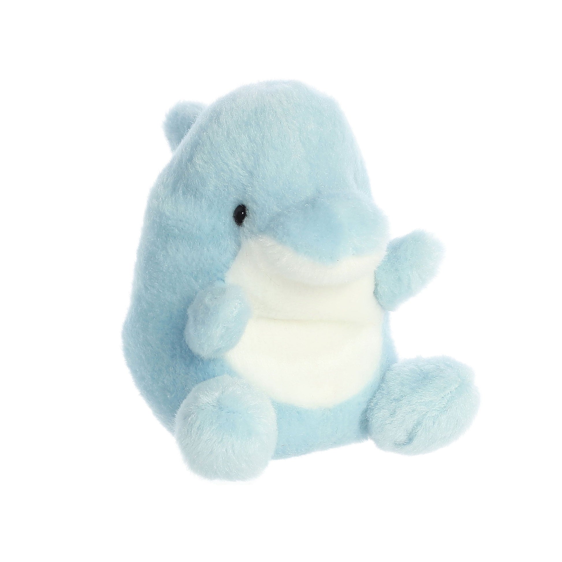 The Twice as Sweet Palm Pal Clicks Dolphin is a soft, light blue plush with a white belly, small flippers, and round black eyes. Its gentle expression makes it the perfect ASMR buddy for fans of aquatic themes.