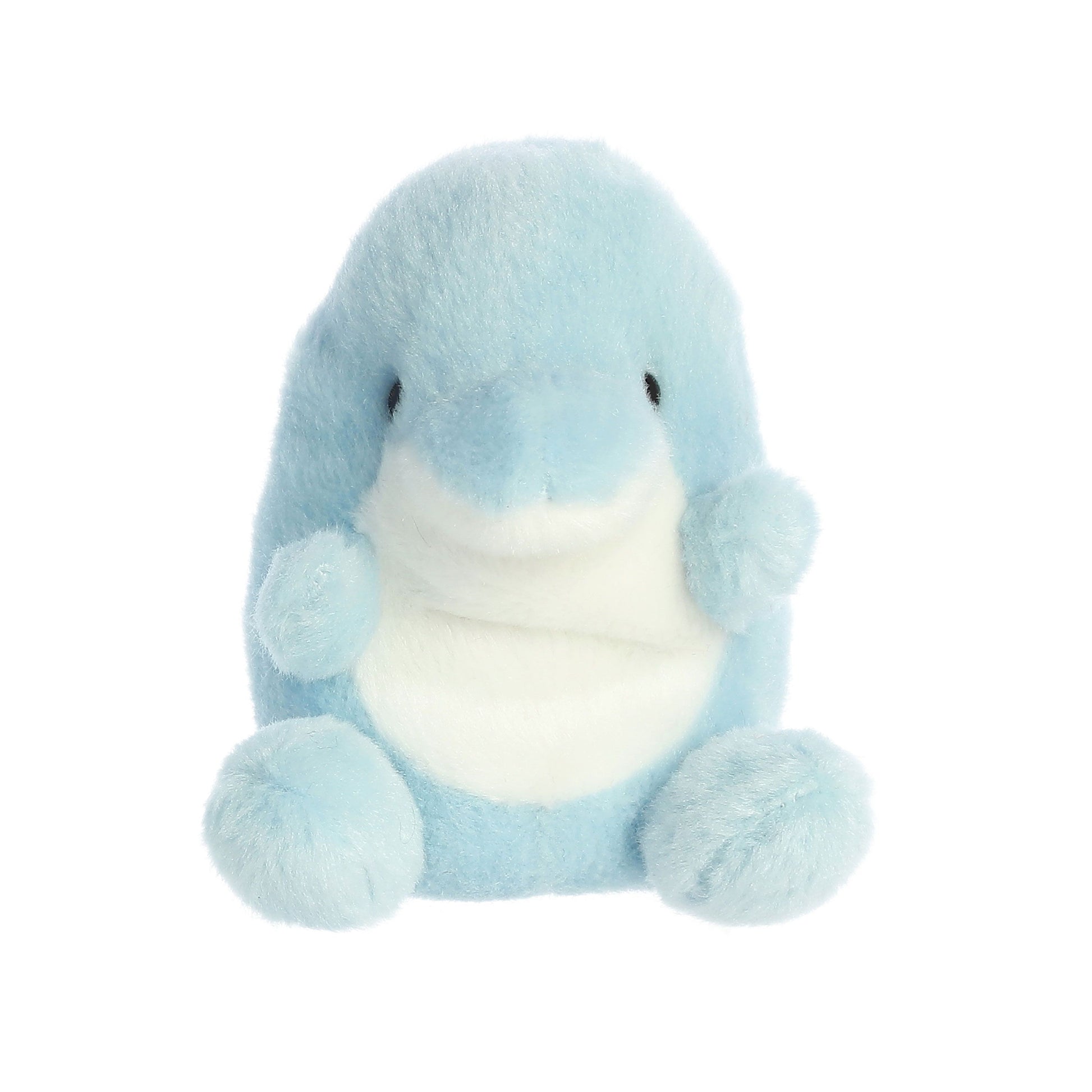 The Twice as Sweet Palm Pal Clicks Dolphin is a small, light blue plush with a white belly and round flippers. This chubby, aquatic-themed ASMR buddy sits upright with black bead eyes against a white background.