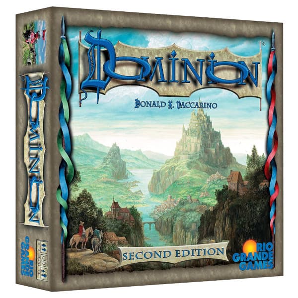 Board game box for 'Dominion second edition' with a fantasy landscape design.