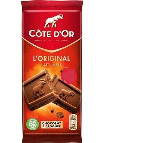 A Twice as Sweet Côte dOr Milk Chocolate 100g (Belgium) bar with red packaging, featuring Belgian chocolate squares, an elephant logo, and French and Dutch text.