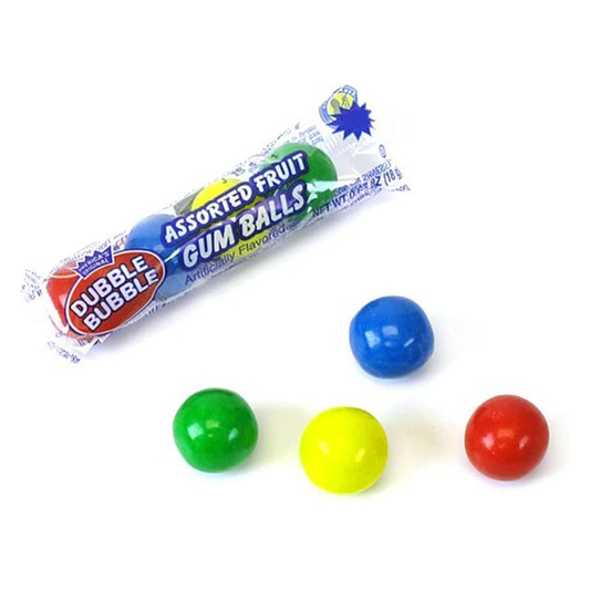 A pack of Twice as Sweet Dubble Bubble 4 Fruit Gum Balls 18g (USA) is shown with four colorful gum balls—blue, green, yellow, and red—arranged in front of the unopened package.
