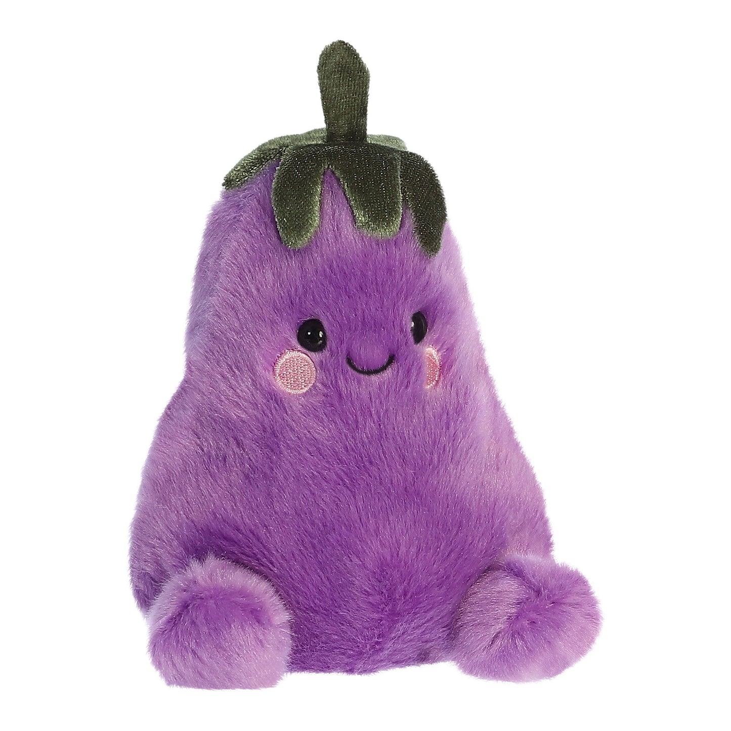 The Twice as Sweet Palm Pal Aubrey Eggplant is a cute, soft plush shaped like a purple eggplant with a green top, round black eyes, pink cheeks, and a smiling mouth. Its resourceful personality brings extra charm to this fuzzy toy.