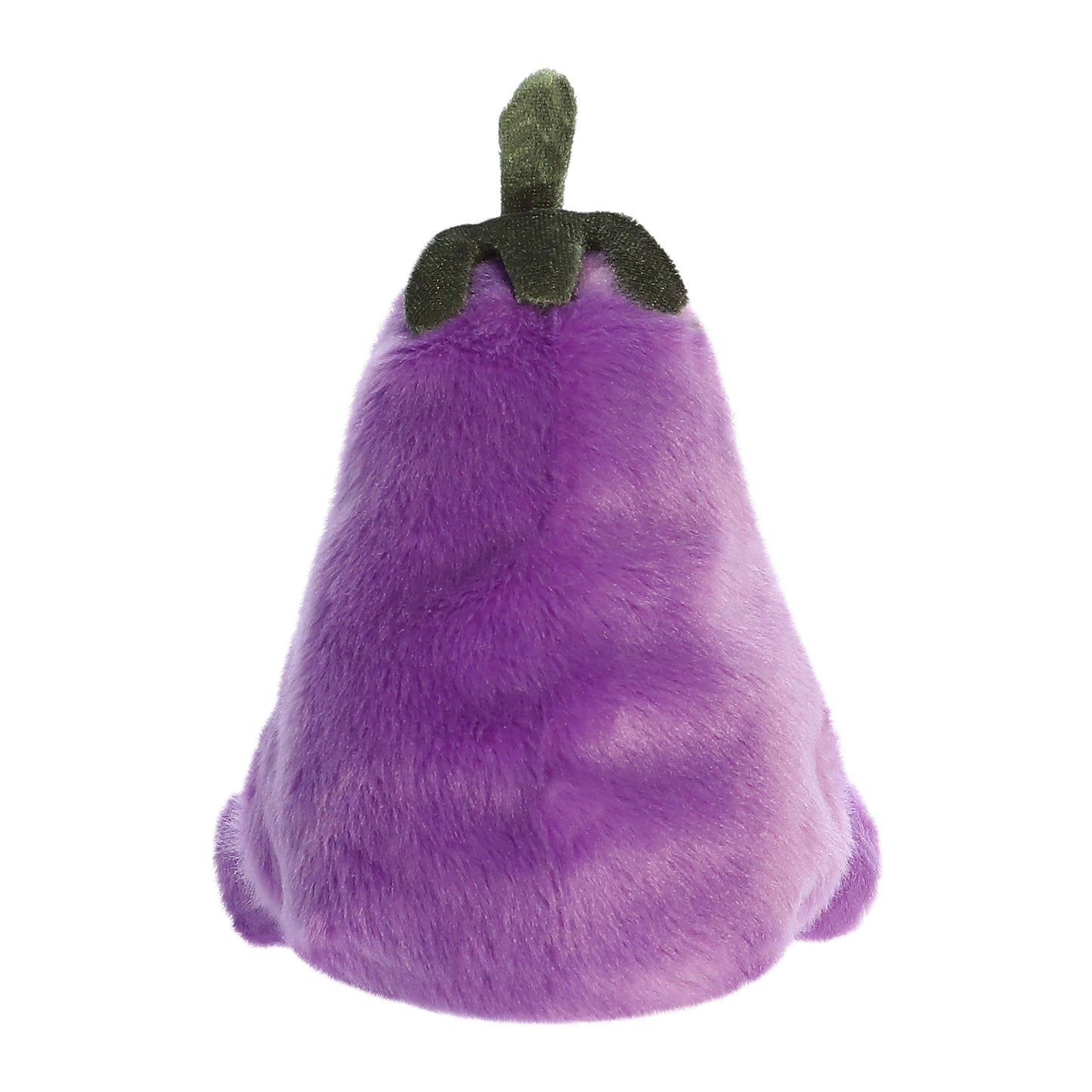 Twice as Sweets Palm Pal Aubrey Eggplant is a soft, fuzzy plush shaped like a purple eggplant with a green stem, shown from the back—an eco-friendly toy perfect for those who appreciate a resourceful personality.