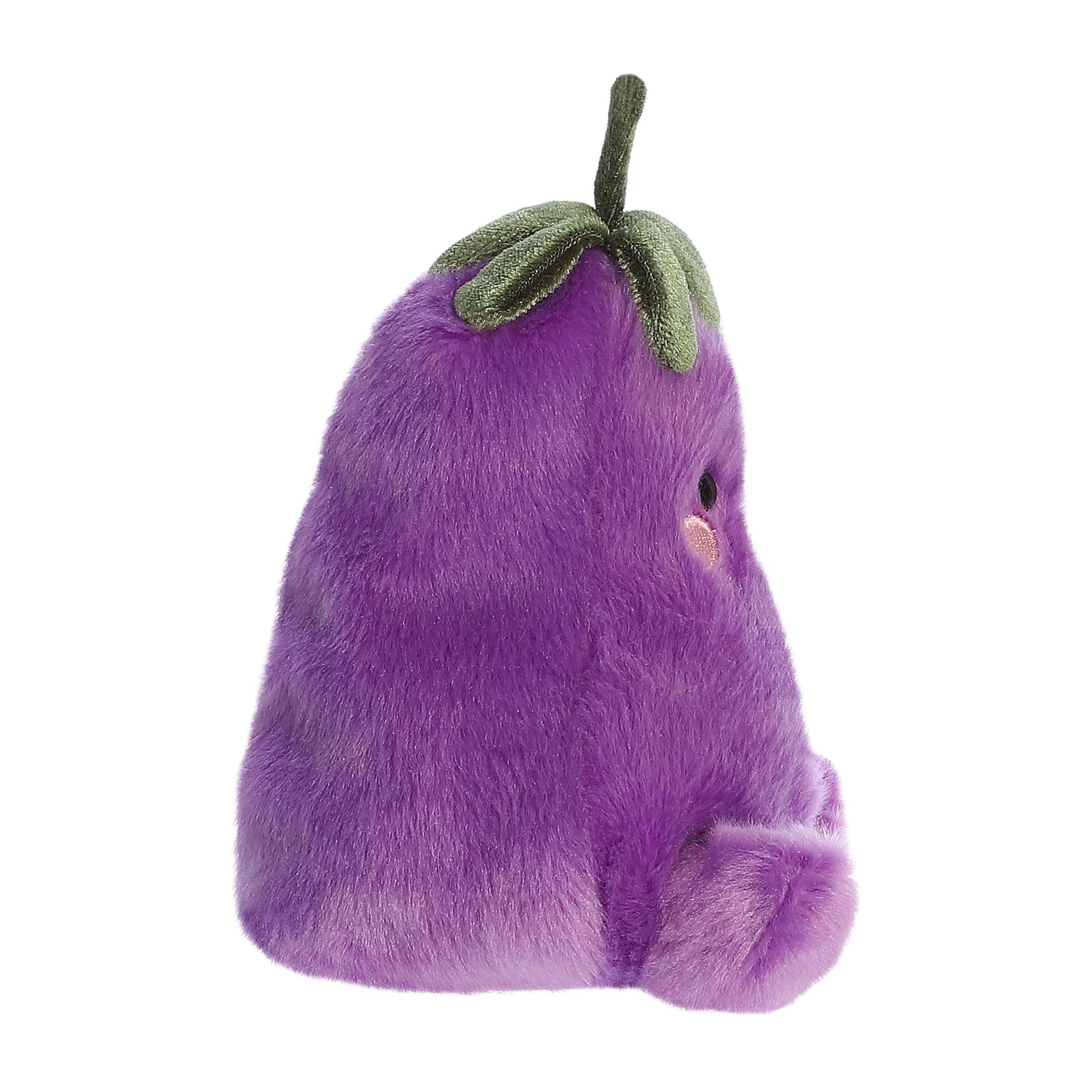 Palm Pal Aubrey Eggplant by Twice as Sweet is a cozy plush toy shaped like an eggplant, featuring a green stem, rosy cheeks, and small black eyes—an adorable gift for anyone with a resourceful personality.