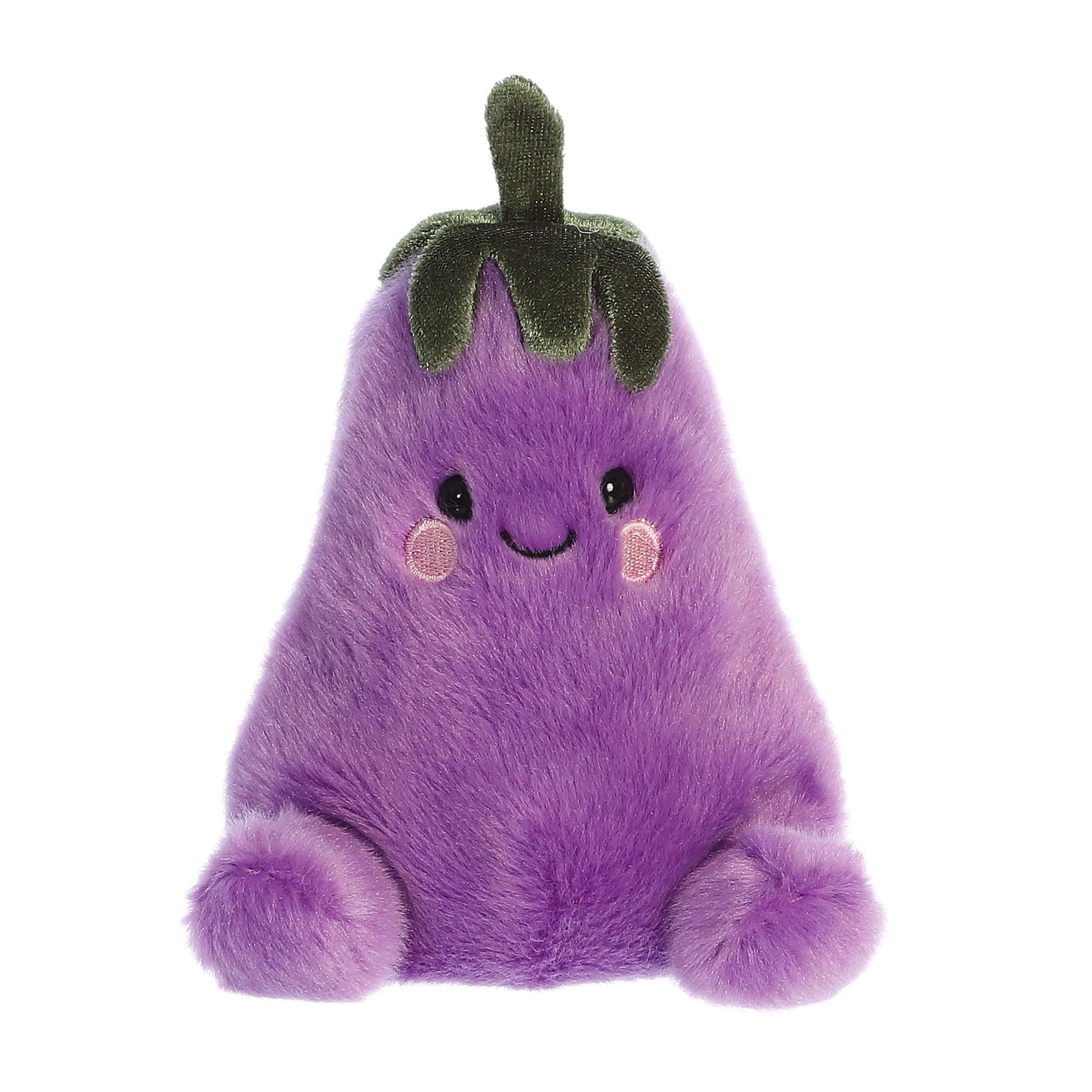The Twice as Sweet Palm Pal Aubrey Eggplant is a cozy, eco-friendly plush toy shaped like a purple eggplant with a green top, embroidered face, and fuzzy arms and legs—perfect for showing off resourceful personality.