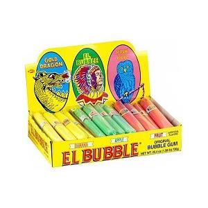 Open a yellow box of Twice as Sweet El Bubble Bubble Gum Cigar 20g (Canada), each wrapped in colorful foil with illustrations labeled Gold Dragon, El Bubble, and Pink Owl—a nostalgic treat for bubble gum lovers.