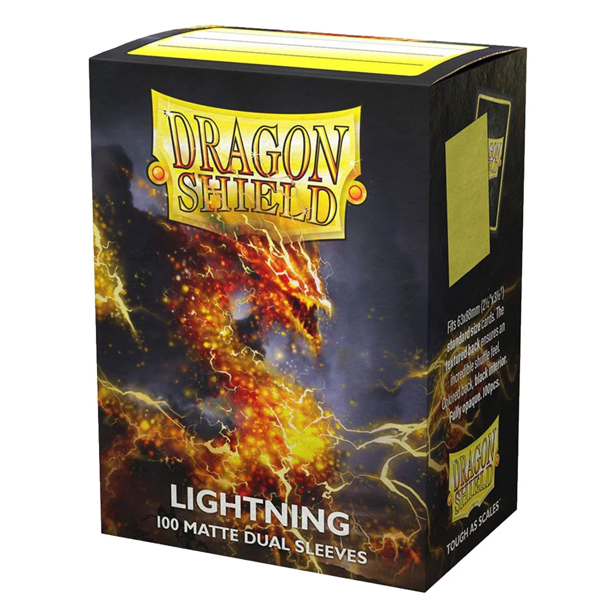 Dragon Shield Lightning 100 Matte Dual Sleeves box, featuring a fiery yellow and orange dragon design on a black background.