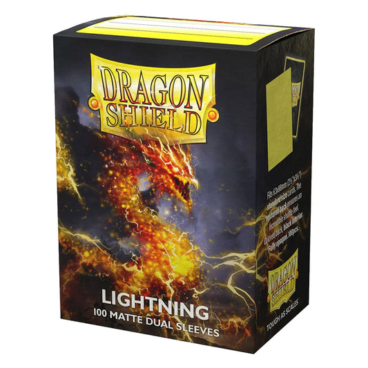 Dragon Shield Lightning 100 Matte Dual Sleeves box, featuring a fiery yellow and orange dragon design on a black background.