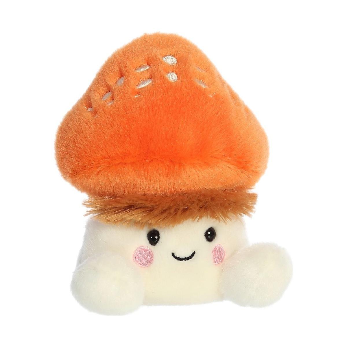 The Palm Pal Fabian Fluffy Mushroom by Twice as Sweet is a plush toy with a fluffy orange cap, smiling face, pink cheeks, and white arms—perfect for whimsical party decor. Shown on a white background.