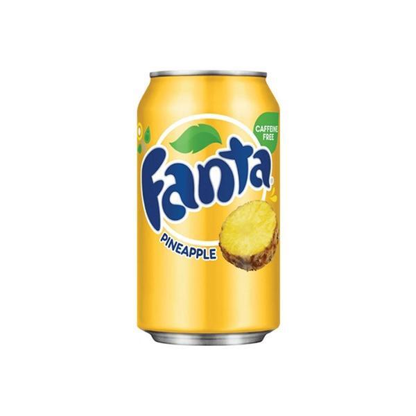 Twice as Sweet Fanta Pineapple 355mL (USA) comes in a yellow can with a juicy pineapple slice on the front and a caffeine free label—ideal for tropical soda lovers.
