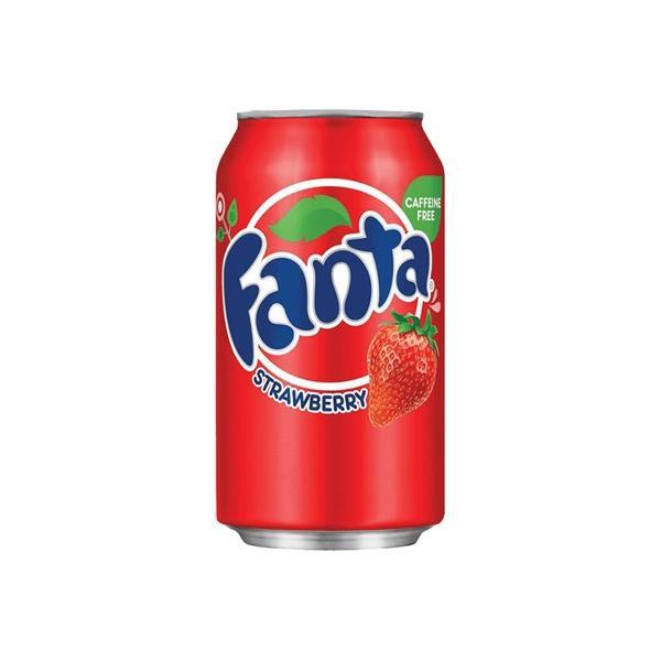 A 355mL can of Twice as Sweet Fanta Strawberry (USA) features a bold logo, strawberry images, and a green “Caffeine Free” label—this classic soda is loved across America.