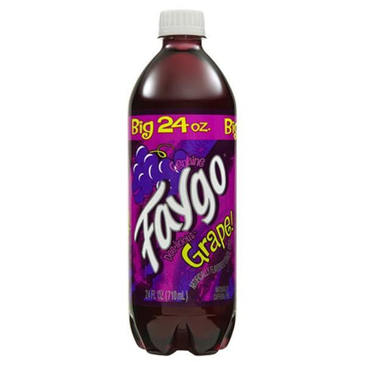 A 710mL plastic bottle of Twice as Sweet Faygo Grape (USA) with a purple label showing grapes, yellow and white text, and a gray cap.