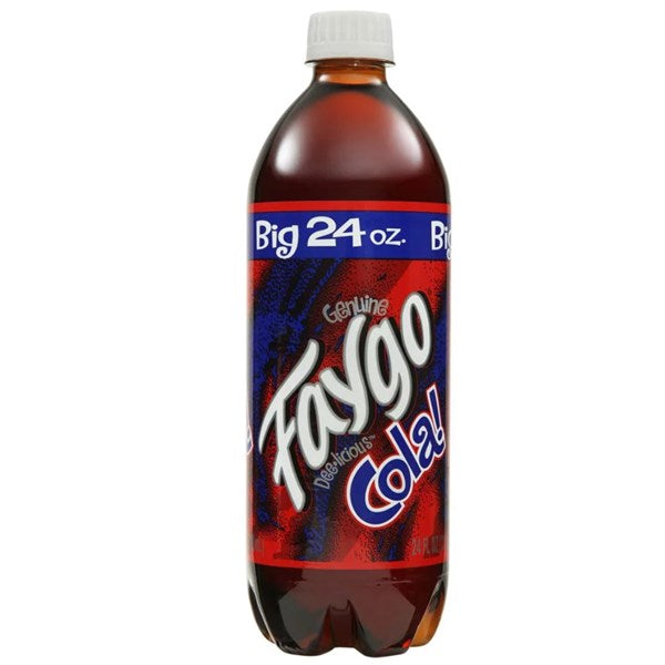 A 680mL plastic bottle of Faygo Cola (USA) by Twice as Sweet, featuring a red, blue, and white label with a white cap—a classic American cola favorite.