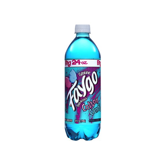 A 680mL Faygo Cotton Candy soda from Twice as Sweet (USA) features bright blue liquid and a colorful label with pink, blue, and white graphics, including the Faygo logo and cotton candy illustrations.