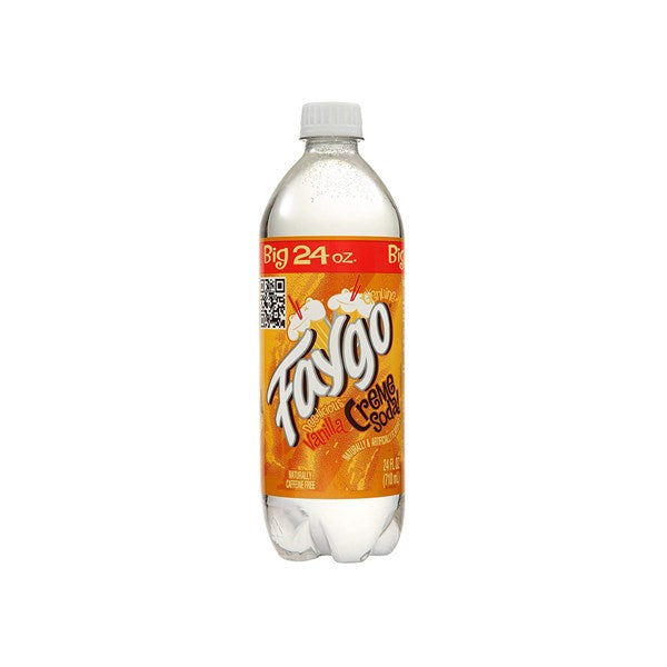 A 680mL plastic bottle of Twice as Sweet Faygo Creme Soda (USA), a classic vanilla-flavored soda, features an orange label with white and yellow text plus images of vanilla flowers and soda bubbles.