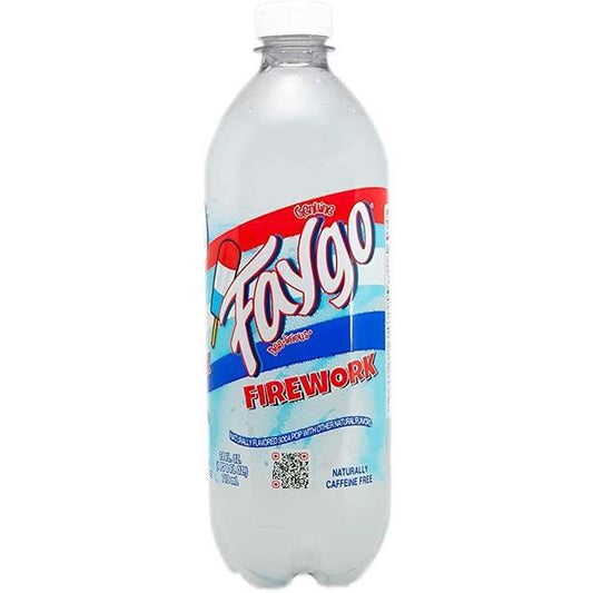 A 591mL bottle of Twice as Sweet Faygo Firework (USA) with a red, white, and blue label featuring a popsicle. The soda is naturally flavored, caffeine free, and proudly made in the USA.