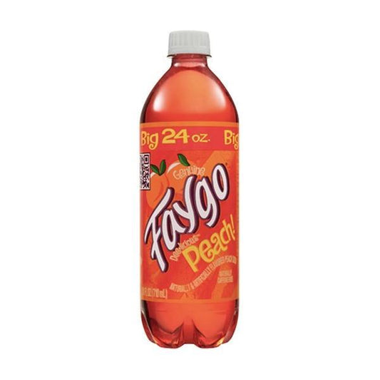 Twice as Sweet Faygo Peach 680mL (USA) features an orange label with the Faygo logo, peach images, and Delicious Peach!—a popular peach soda enjoyed across the country.