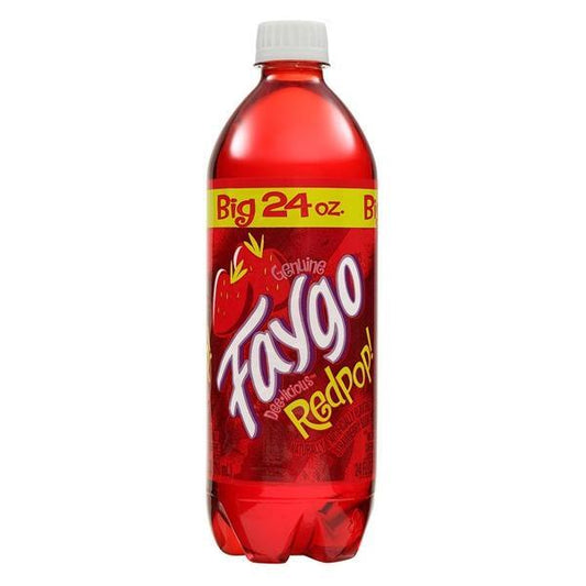 A 680mL plastic bottle of Twice as Sweet Faygo Red Pop (USA) features a red strawberry soda, a yellow and red label with the Faygo logo and strawberry graphic, plus a white cap—making this classic American drink instantly recognizable.