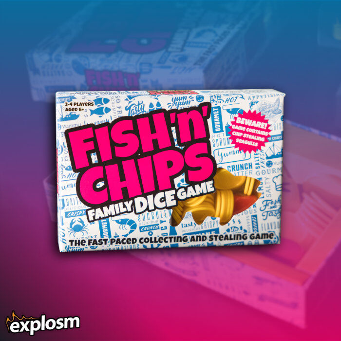 Fish 'n' Chips Family Dice Game box by Explosm, featuring a white background with blue text patterns, bold pink title lettering, and gold tokens visible through a cutout window, set against a blue-to-pink gradient background.