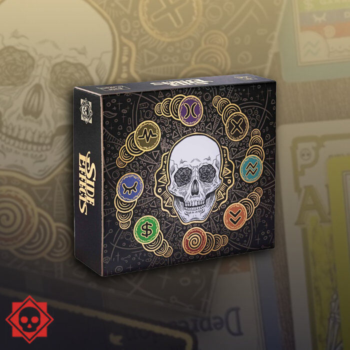 Board game box for Side Effects came with card game box with skull and symbols design on a blurred background
