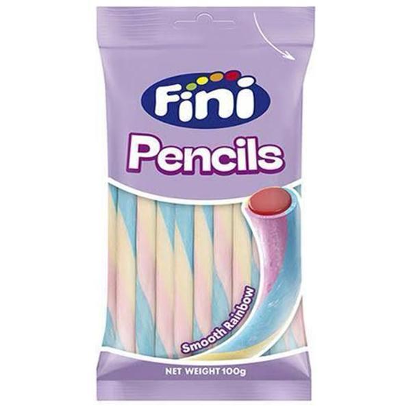 A 100g bag of Fini Smooth Rainbow Pencils (Spain) by Twice as Sweet—pastel-colored chewy candy sticks with a red filling, in a purple and white package labeled “Pencils.” A delightful Spanish treat!.