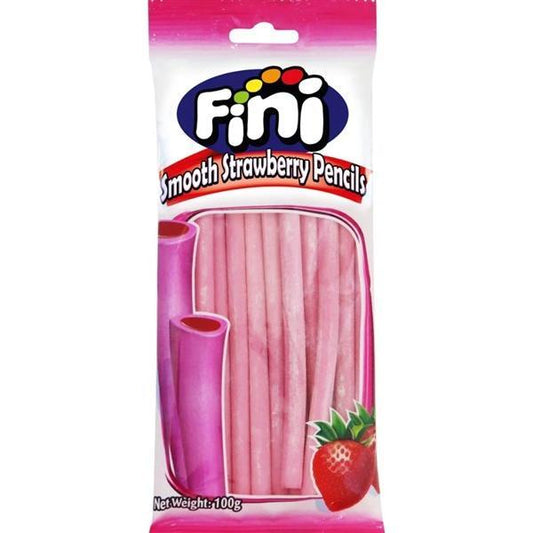 A 100g pack of Twice as Sweet Fini Smooth Strawberry Pencils from Spain features creamy candy sticks with a white filling, strawberry graphics, and colorful brand lettering on the classic packaging.