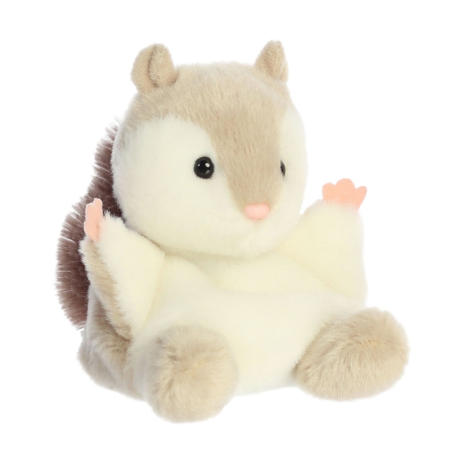 The Twice as Sweet Palm Pal Flaps Flying Squirrel is a cuddly plush with beige and white fur, black eyes, pink nose, small ears, and outstretched arms—part of the adorable Palm Pals collection.