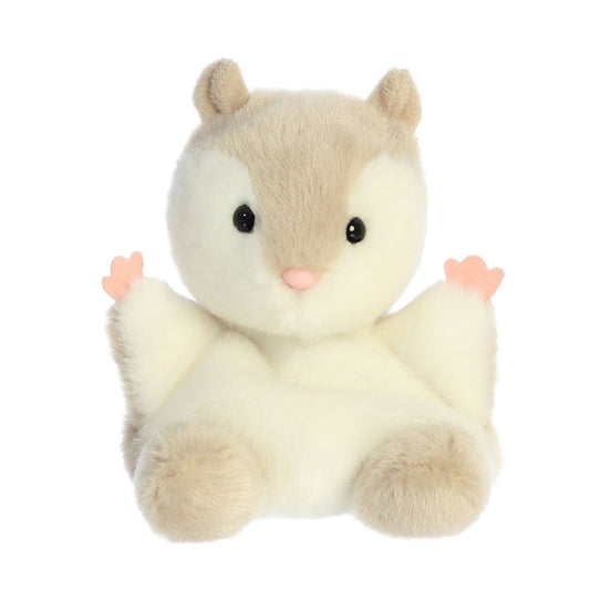 The Twice as Sweet Palm Pal Flaps Flying Squirrel is a cuddly plush toy with light brown and white fur, round black eyes, tiny ears, and pink paw pads—an adorable member of the Palm Pals collection.