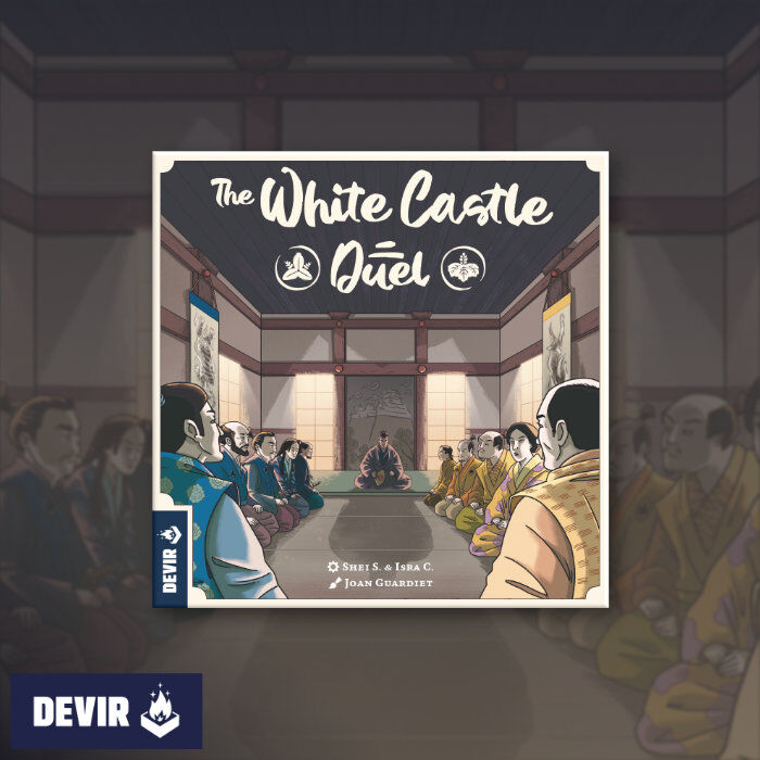 Board game box for 'The White Castle Duel' by Devir on a dark background