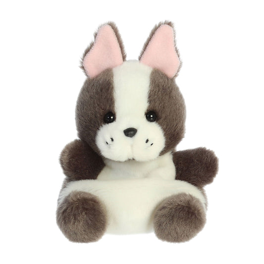 The Twice as Sweet Palm Pal Beau French Bulldog is a palm-sized plush toy dog with brown and white fur, black eyes, a small black nose, pink inner ears, and round fluffy paws. It sits upright facing forward.