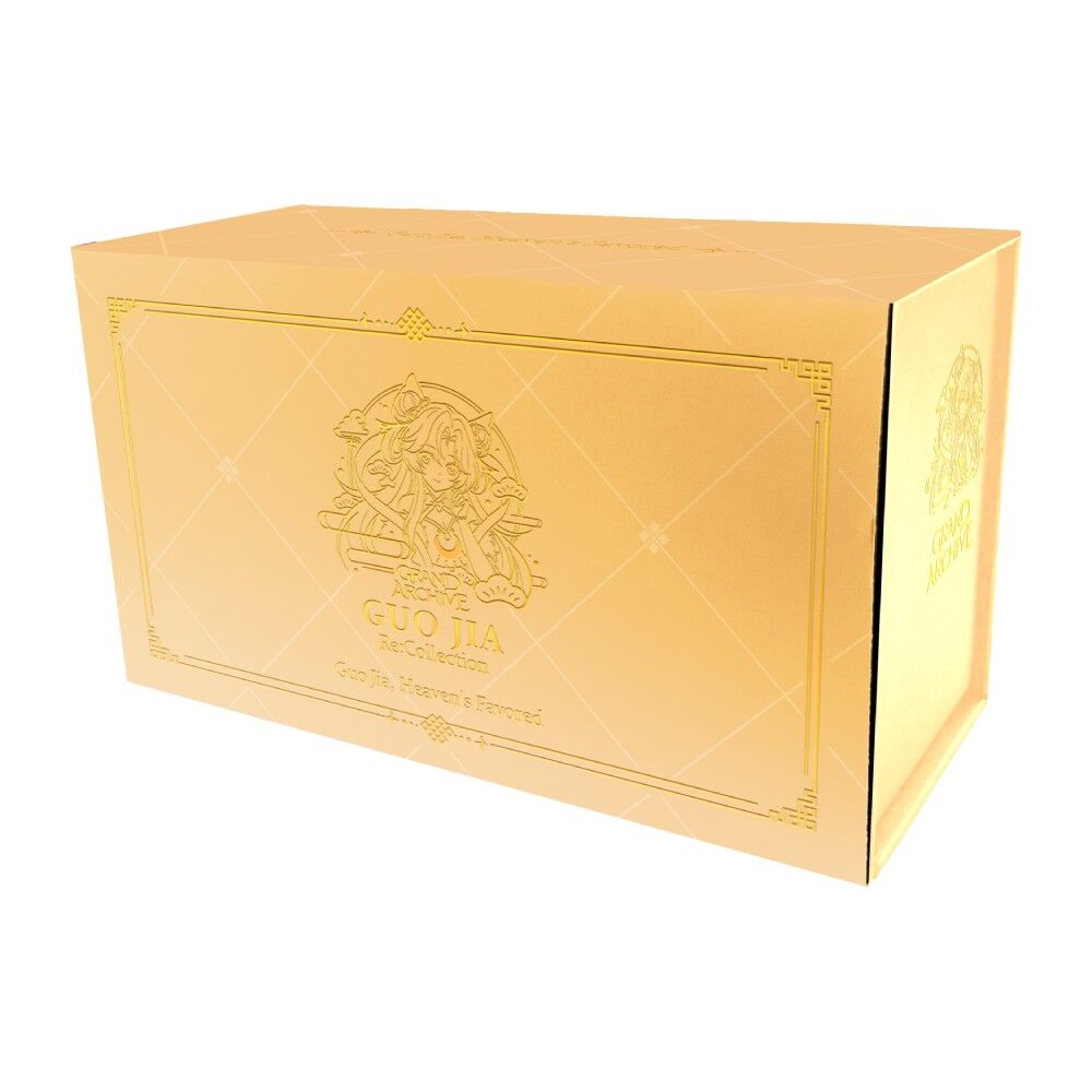 A gold-colored rectangular box for Guo Jia Re:Collection TCG, featuring an embossed crest and gold foil details on a white background.