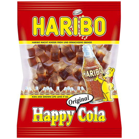 A 300g bag of Twice as Sweet Haribo Cola candies (France) with a red background, cola bottle gummies inside, and a yellow cartoon bear holding a bottle—an iconic French candy favorite.