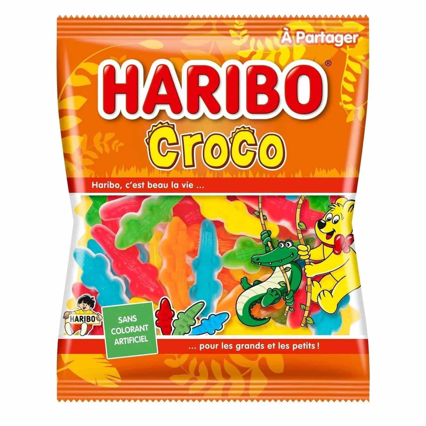 A 280g bag of Twice as Sweet Haribo Croco gummies from France features colorful crocodile and bear cartoons, French text, and a clear window displaying multicolored candies inside.