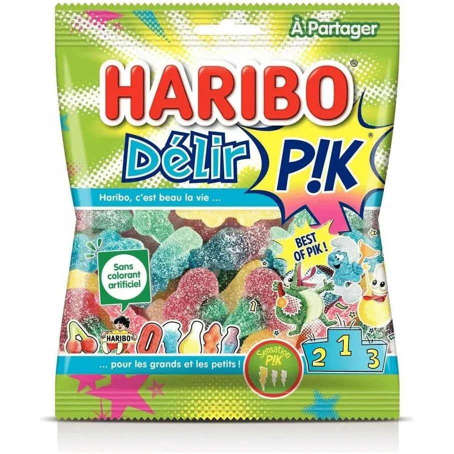 A vibrant 120g pack of Haribo Delire Pik sour gummies from Twice as Sweet (France), featuring fruity graphics, playful characters, and French text highlighting this tangy and sugary candy.