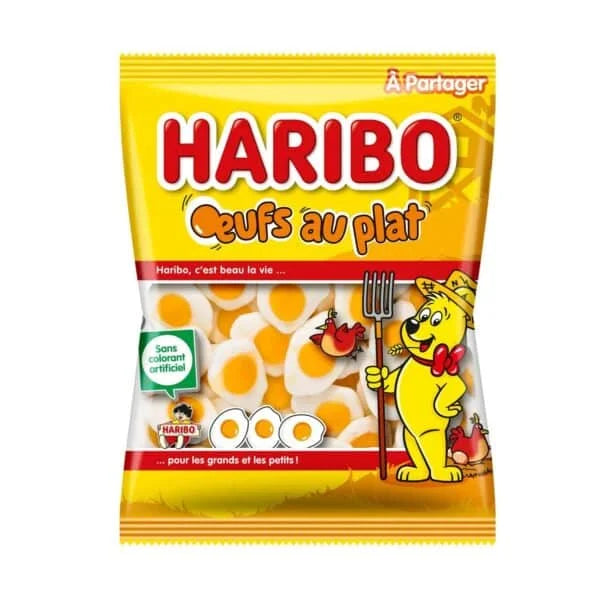 A 300g bag of Haribo Oeufs au Plat Eggs gummies from Twice as Sweet, featuring fried egg-shaped candies in yellow and orange packaging—perfect for fans of French Haribo gummy eggs.
