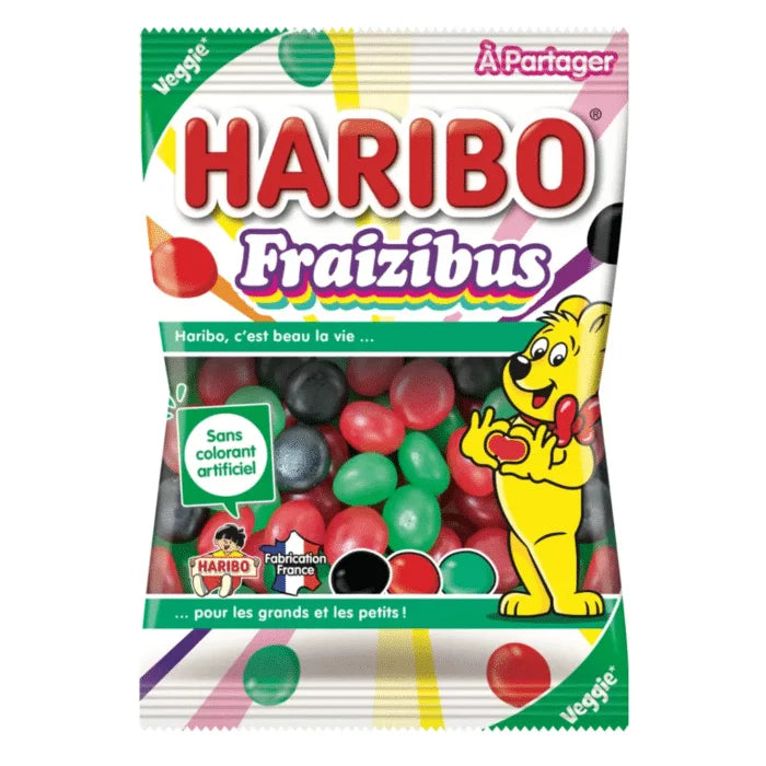 A 220g bag of Haribo Fraizibus French jelly candy by Twice as Sweet, featuring colorful red, green, and black sweets. The package has a yellow bear mascot with candy, French text, and a rainbow stripe.