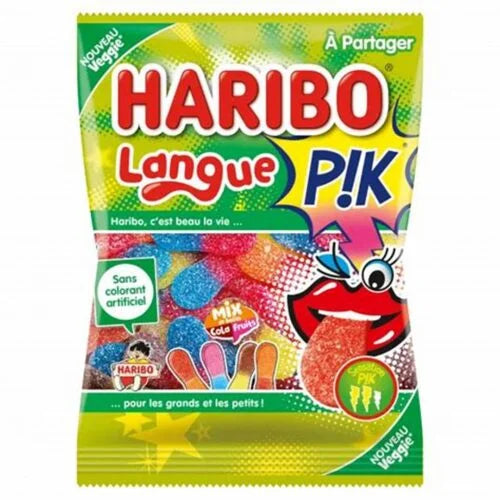 A colorful 180g bag of Haribo Langue Pik sour gummies from Twice as Sweet, featuring French packaging, bright text, cartoon lips with a tongue, and sugar-coated strips. Highlights Sans colorant artificiel (no artificial coloring).